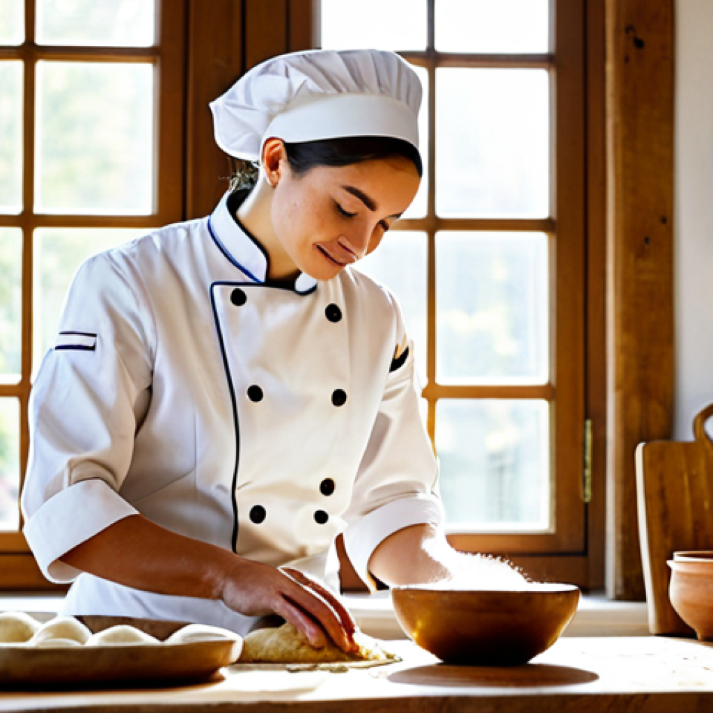 A professional chef, dressed in a modest, traditional culinary uniform, carefully kneading dough on a wooden counter in a warm, rustic kitchen. The scene emphasizes culinary heritage, slow food principles, and fresh, local, seasonal ingredients. Sunlight streams through a window, illuminating earthenware pots and freshly picked herbs.