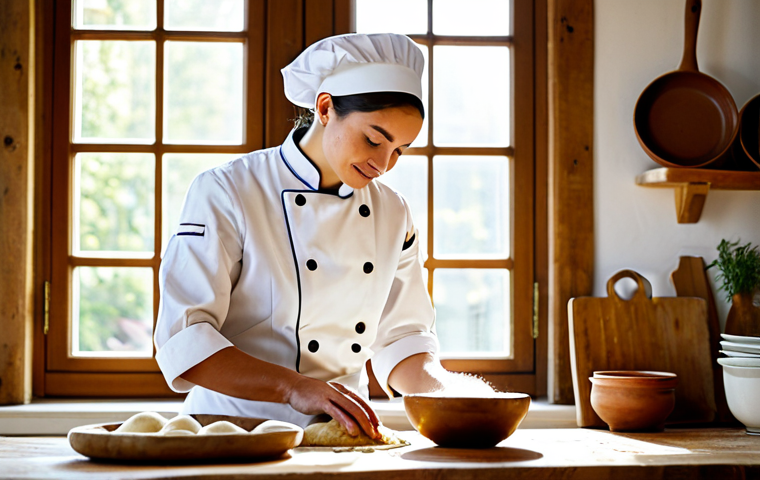 A professional chef, dressed in a modest, traditional culinary uniform, carefully kneading dough on a wooden counter in a warm, rustic kitchen. The scene emphasizes culinary heritage, slow food principles, and fresh, local, seasonal ingredients. Sunlight streams through a window, illuminating earthenware pots and freshly picked herbs.