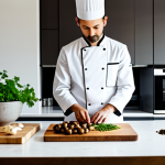 A professional chef, fully clothed in a clean chef's jacket and modest trousers, stands thoughtfully in a bright, contemporary kitchen. They are carefully arranging vibrant plant-based ingredients like mushrooms and lentils alongside traditional herbs on a pristine wooden cutting board, symbolizing the evolution of heritage dishes. The background features warm, diffused lighting and glimpses of a classic stovetop. safe for work, appropriate content, fully clothed, perfect anatomy, correct proportions, well-formed hands, natural pose, professional dress, high-quality, family-friendly.