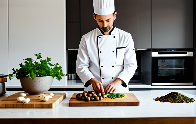 A professional chef, fully clothed in a clean chef's jacket and modest trousers, stands thoughtfully in a bright, contemporary kitchen. They are carefully arranging vibrant plant-based ingredients like mushrooms and lentils alongside traditional herbs on a pristine wooden cutting board, symbolizing the evolution of heritage dishes. The background features warm, diffused lighting and glimpses of a classic stovetop. safe for work, appropriate content, fully clothed, perfect anatomy, correct proportions, well-formed hands, natural pose, professional dress, high-quality, family-friendly.