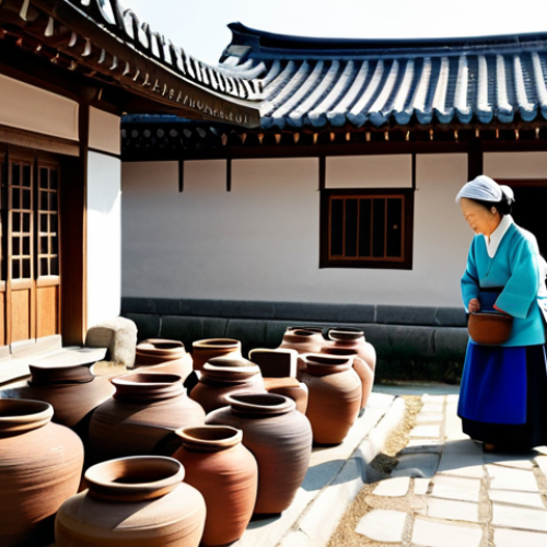 Home 18 Traditional Jang Making**
"A serene scene of a Korean courtyard filled with earthenware pots of Jang fermenting in the sunlight. An elderly woman, fully clothed in traditional Korean attire (Hanbok), carefully checks the contents of a pot. The background features a traditional Korean house (Hanok) with tiled roofs and a peaceful garden. The atmosphere is warm and inviting, evoking a sense of history and tradition. Safe for work, appropriate content, fully clothed, professional, modest, perfect anatomy, correct proportions, natural pose, high quality."
**