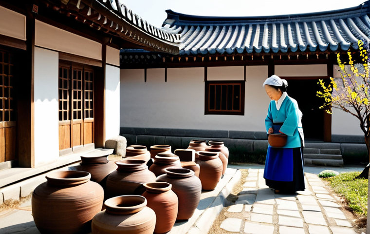 Traditional Jang Making**

"A serene scene of a Korean courtyard filled with earthenware pots of Jang fermenting in the sunlight. An elderly woman, fully clothed in traditional Korean attire (Hanbok), carefully checks the contents of a pot. The background features a traditional Korean house (Hanok) with tiled roofs and a peaceful garden. The atmosphere is warm and inviting, evoking a sense of history and tradition. Safe for work, appropriate content, fully clothed, professional, modest, perfect anatomy, correct proportions, natural pose, high quality."

**