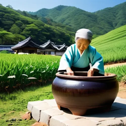 Home 17 고추장의 종류와 특징 - **Prompt 1: Traditional Gochujang Fermentation in a Korean Village**
"A serene, sunlit scene dep...