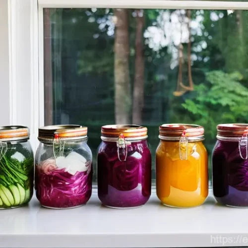 Home 2 전통 장류 보관법 - **A Vibrant Fermentation Lab:** A cozy, well-lit rustic kitchen counter, adorned with various active...