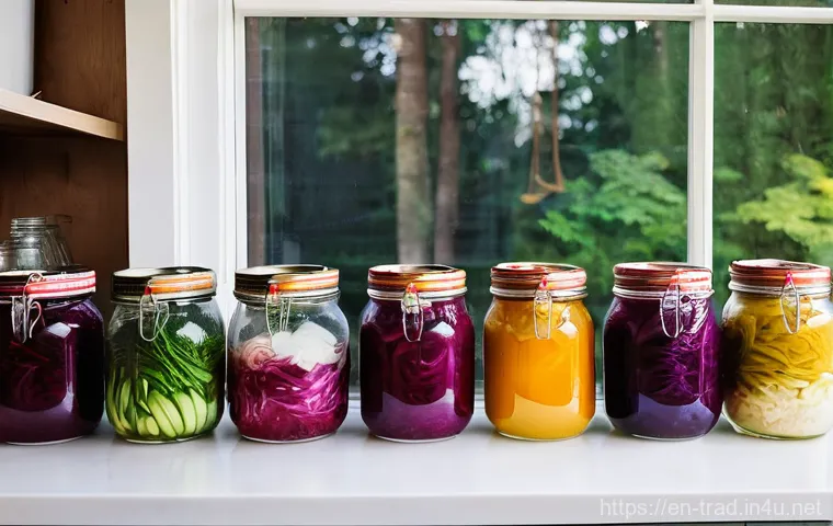 전통 장류 보관법 - **A Vibrant Fermentation Lab:** A cozy, well-lit rustic kitchen counter, adorned with various active...